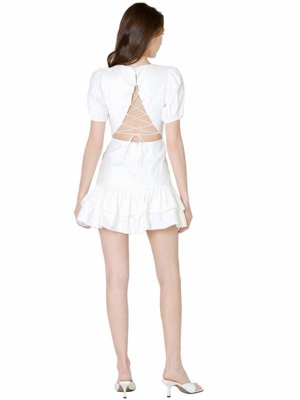 Iden Ditto White Puff Sleeve Open Side Ruffle Hem Mini Dress M LWD bridal